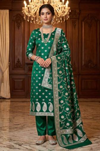 Banarasi mashru silk 3pcs unstiched dress material in bottle green colour with floral zari work