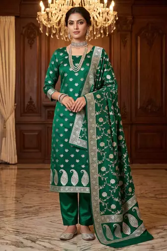 Banarasi mashru silk 3pcs unstiched dress material in bottle green colour with floral zari work