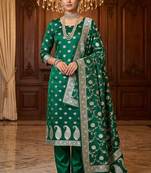 Banarasi mashru silk 3pcs unstiched dress material in bottle green colour with floral zari work