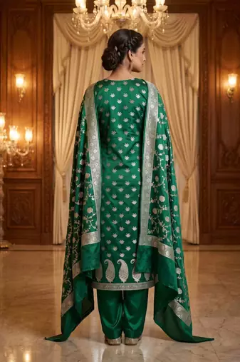 Banarasi mashru silk 3pcs unstiched dress material in bottle green colour with floral zari work