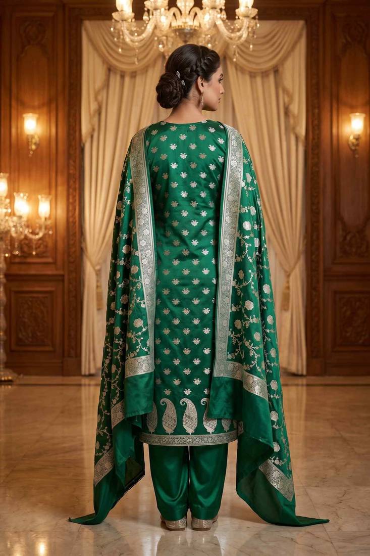 Banarasi mashru silk 3pcs unstiched dress material in bottle green colour with floral zari work