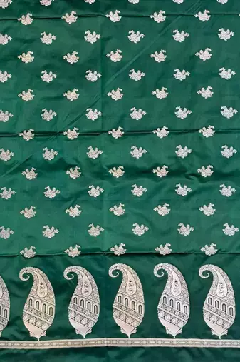Banarasi mashru silk 3pcs unstiched dress material in bottle green colour with floral zari work