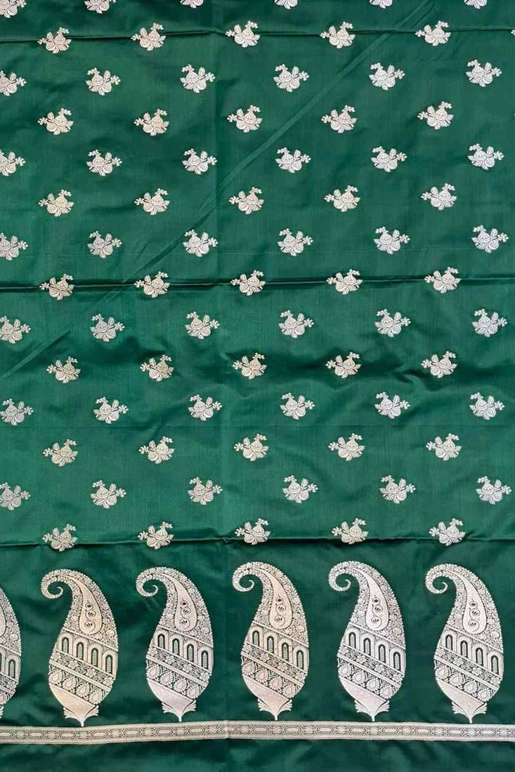 Banarasi mashru silk 3pcs unstiched dress material in bottle green colour with floral zari work