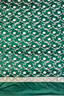 Banarasi mashru silk 3pcs unstiched dress material in bottle green colour with floral zari work 4