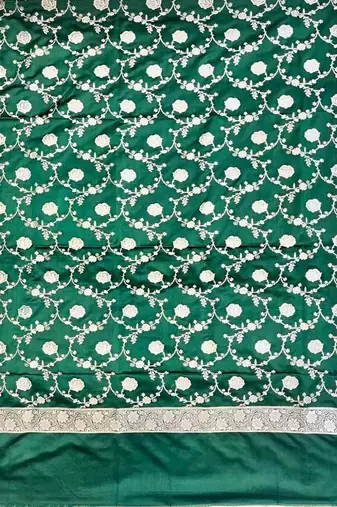 Banarasi mashru silk 3pcs unstiched dress material in bottle green colour with floral zari work