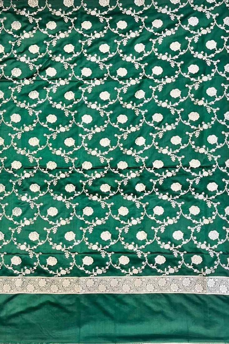 Banarasi mashru silk 3pcs unstiched dress material in bottle green colour with floral zari work