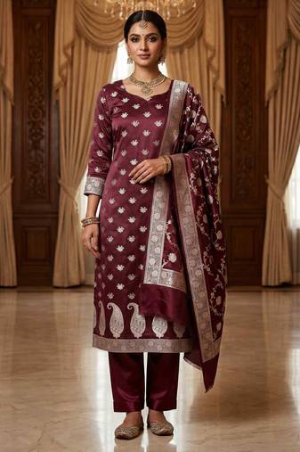 Banarasi mashru silk 3pcs unstiched dress material in red wine colour with floral zari work