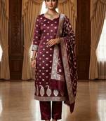 Banarasi mashru silk 3pcs unstiched dress material in red wine colour with floral zari work