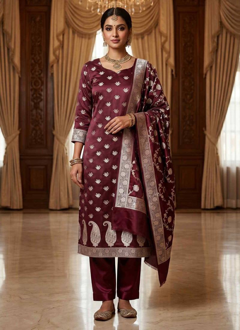 Banarasi mashru silk 3pcs unstiched dress material in red wine colour with floral zari work