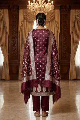 Banarasi mashru silk 3pcs unstiched dress material in red wine colour with floral zari work 2