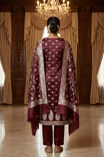 Banarasi mashru silk 3pcs unstiched dress material in red wine colour with floral zari work