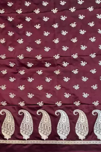 Banarasi mashru silk 3pcs unstiched dress material in red wine colour with floral zari work