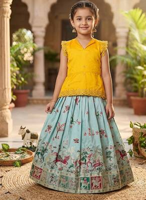 Girls yellow embroidered peplum top with position printed lehengha set 1