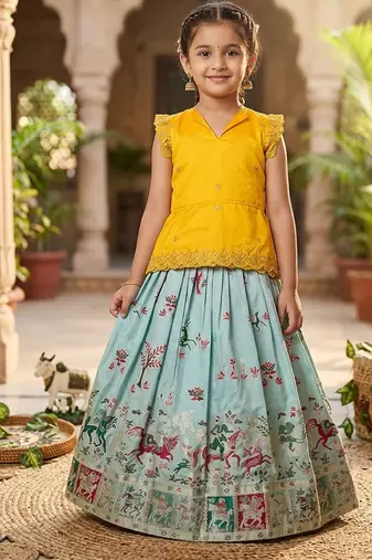 Girls yellow embroidered peplum top with position printed lehengha set