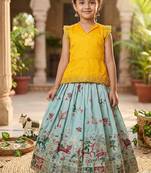 Girls yellow embroidered peplum top with position printed lehengha set