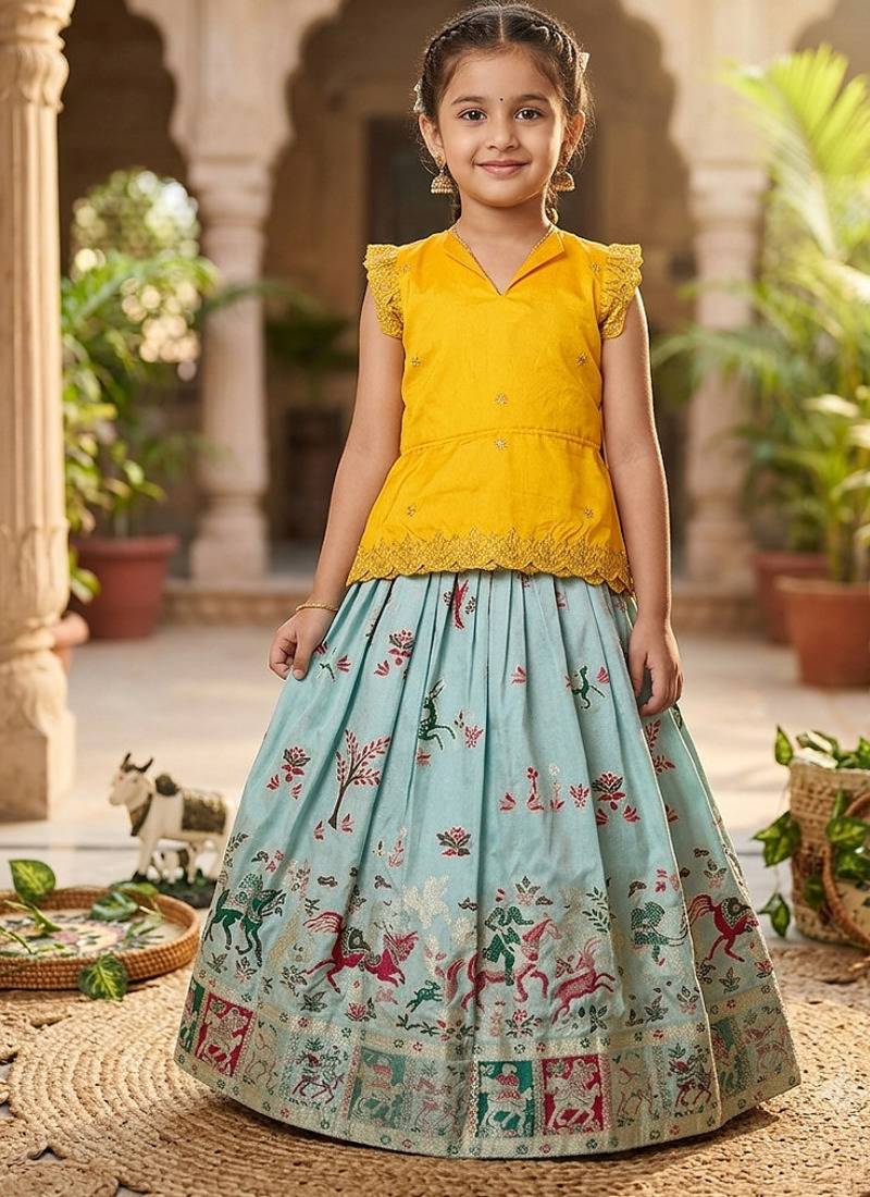 Girls yellow embroidered peplum top with position printed lehengha set