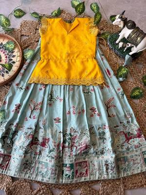 Girls yellow embroidered peplum top with position printed lehengha set 2