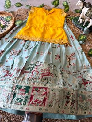 Girls yellow embroidered peplum top with position printed lehengha set 3