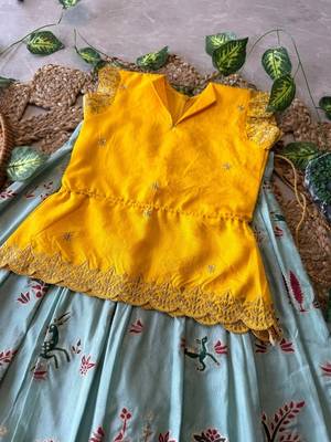 Girls yellow embroidered peplum top with position printed lehengha set 4