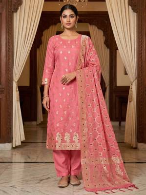 Banarasi cotton semi silk 3pcs unstiched dress material in peach colour with minakari & zari booti work 1