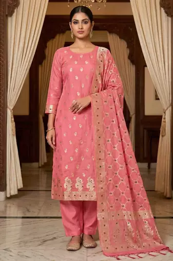 Banarasi cotton semi silk 3pcs unstiched dress material in peach colour with minakari & zari booti work