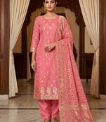 Banarasi cotton semi silk 3pcs unstiched dress material in peach colour with minakari & zari booti work
