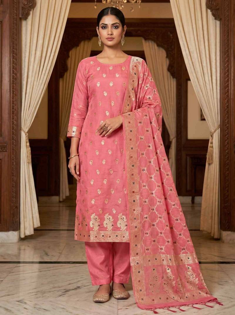 Banarasi cotton semi silk 3pcs unstiched dress material in peach colour with minakari & zari booti work