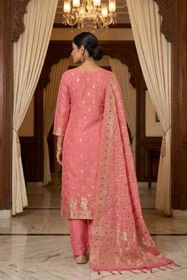 Banarasi cotton semi silk 3pcs unstiched dress material in peach colour with minakari & zari booti work 2