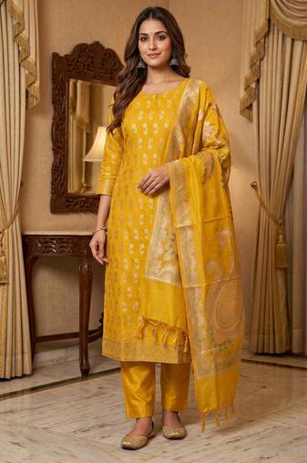 Banarasi cotton semi silk 3pcs unstiched dress material in yellow colour with boota zari work