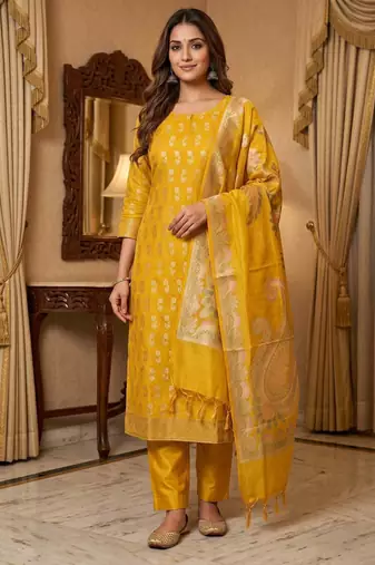 Banarasi cotton semi silk 3pcs unstiched dress material in yellow colour with boota zari work