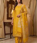 Banarasi cotton semi silk 3pcs unstiched dress material in yellow colour with boota zari work
