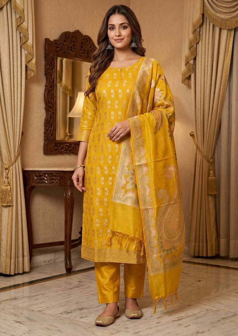 Banarasi cotton semi silk 3pcs unstiched dress material in yellow colour with boota zari work