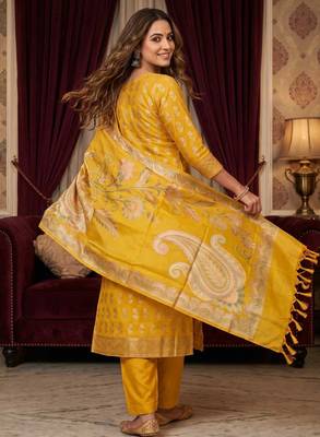 Banarasi cotton semi silk 3pcs unstiched dress material in yellow colour with boota zari work 2