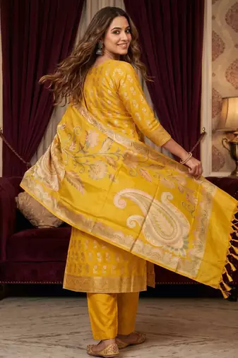 Banarasi cotton semi silk 3pcs unstiched dress material in yellow colour with boota zari work