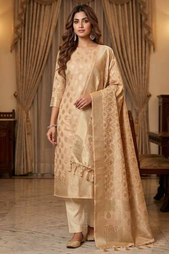 Banarasi cotton semi silk 3pcs unstiched dress material in off white colour with boota zari work