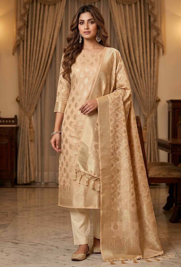 Banarasi cotton semi silk 3pcs unstiched dress material in off white colour with boota zari work
