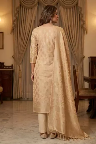 Banarasi cotton semi silk 3pcs unstiched dress material in off white colour with boota zari work