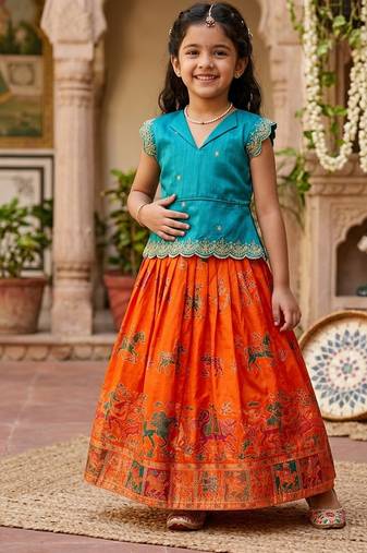 Girls firozi embroidered peplum top with position printed lehengha set