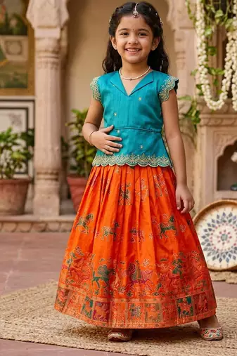 Girls firozi embroidered peplum top with position printed lehengha set
