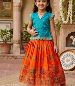 Girls firozi embroidered peplum top with position printed lehengha set