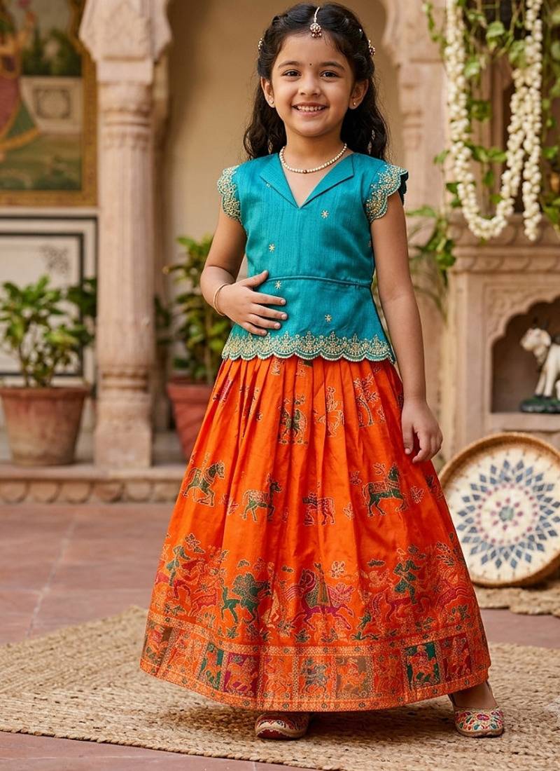 Girls firozi embroidered peplum top with position printed lehengha set