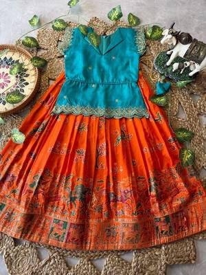 Girls firozi embroidered peplum top with position printed lehengha set 2
