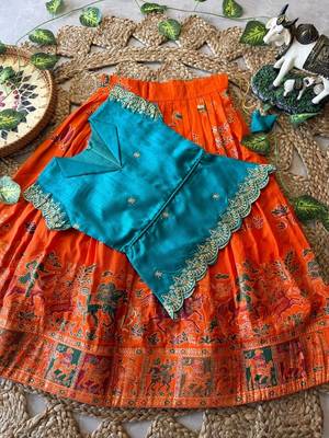 Girls firozi embroidered peplum top with position printed lehengha set 3