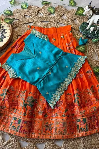 Girls firozi embroidered peplum top with position printed lehengha set