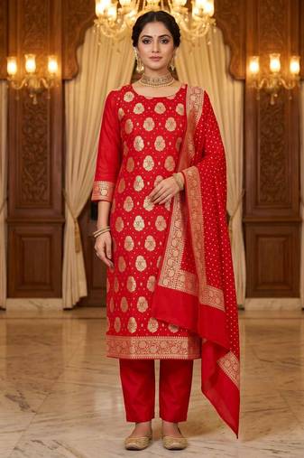 Banarasi cotton semi silk 3pcs unstiched dress material in red colour with boota zari work