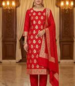 Banarasi cotton semi silk 3pcs unstiched dress material in red colour with boota zari work