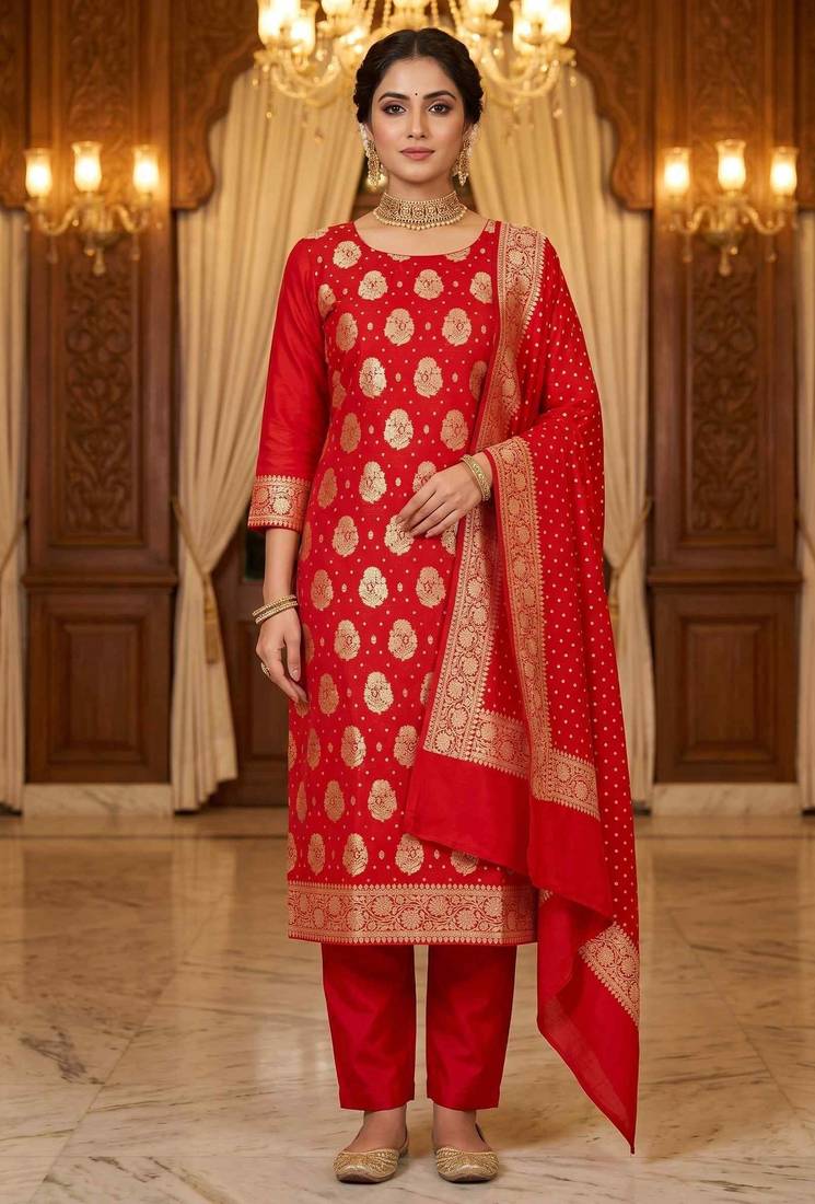 Banarasi cotton semi silk 3pcs unstiched dress material in red colour with boota zari work