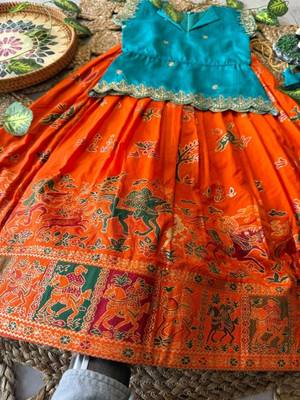 Girls firozi embroidered peplum top with position printed lehengha set 4