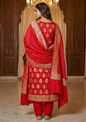 Banarasi cotton semi silk 3pcs unstiched dress material in red colour with boota zari work 2