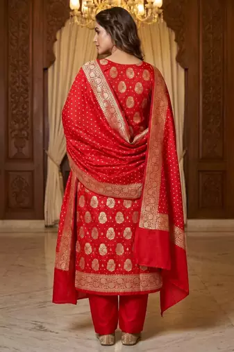 Banarasi cotton semi silk 3pcs unstiched dress material in red colour with boota zari work
